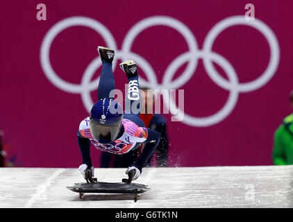 Olympische Winterspiele In Sotschi - Tag 7. Die britische Shelley Rudman tritt bei den Olympischen Spielen in Sotschi 2014 im russischen Sotschi im Ladies Skeleton an. Stockfoto