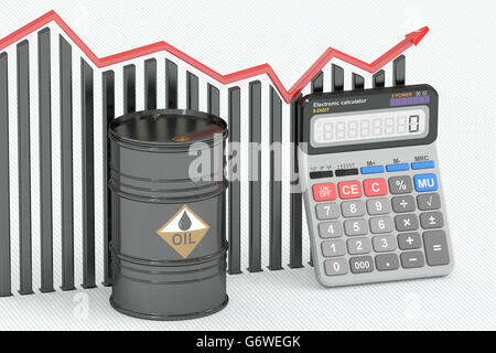 Öl-Preiskonzept, Diagramm mit Taschenrechner und Öl Lauf. 3D-Rendering Stockfoto