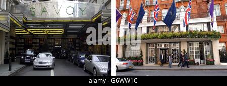 The Savoy (links) und Claridge's - zwei der vier bekanntesten Hotels in London, die von einer Gruppe von Investoren unter der Leitung von Quinlan Private, einer in Irland ansässigen Immobilieninvestition- und Beratungsgruppe, im Rahmen eines 750-Millionen-Deals erworben werden sollen. Die geplante Vereinbarung umfasst auch die beiden. Stockfoto