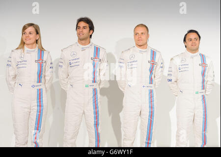 Williams Martinis (von links nach rechts) Susie Wolff, Felipe Nasr, Valtteri Bottas und Felipe Massa während einer Fotoserie beim offiziellen Start des Williams2014 Formel-1-Teams in London. Stockfoto