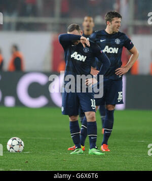 Fußball - UEFA Champions League - 16. Runde - Olympiakos gegen Manchester United - Karaiskakis Stadium. Wayne Rooney von Manchester United reagiert nach dem zweiten Tor Stockfoto