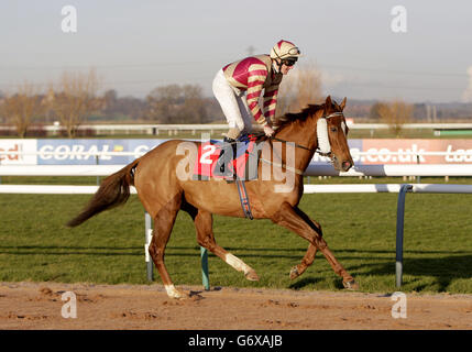 George Fenton, der von Liam Keniry gefahren wird, geht auf der Southwell Racecourse auf den Posten. Stockfoto