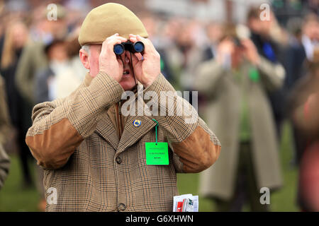 Pferderennen - 2014 Cheltenham Festival - St. Patrick's Day - Cheltenham Rennbahn. Racegoers beobachten die Action während des St. Patrick's Day am Cheltenham Festival. Stockfoto