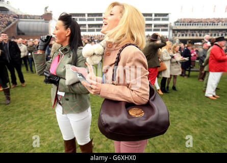 Pferderennen - 2014 Cheltenham Festival - St. Patrick's Day - Cheltenham Rennbahn. Racegoers beobachten die Action während des St. Patrick's Day am Cheltenham Festival. Stockfoto