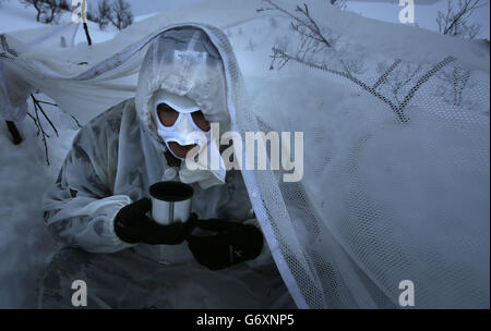 Meeresreservisten auf Skispatrouille in den Hügeln von Harstad, Nordnorwegen, am Polarkreis im Rahmen ihres Überlebenstrainings für kaltes Wetter, das zwei Wochen dauert. 12/03/2014. Stockfoto