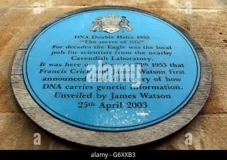 Allgemeine Ansicht der blauen Plakette vor dem Eagle Pub in Cambridge, aus dem 14. Jahrhundert. Es war der Ort, wo Wissenschaftler Watson und Crick der Welt bekannt gaben, dass sie DNA entdeckt hatten. Stockfoto