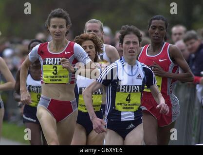 Irlands Sonia O'Sullivan (L) auf dem Weg zum zweiten Platz beim 5-km-Rennen der Frauen in Balmoral, mit Kanadas Emilie Mondor (Mitte) und der späteren Siegerin, Äthiopiens Berhane Adere (R). Stockfoto