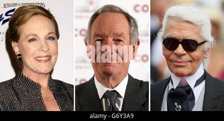 Fotos von (von links) Dame Julie Andrews, Michael Buerk und Karl Lagerfeld. Stockfoto