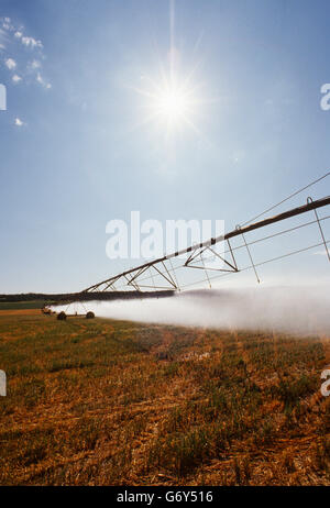 Beregnungs-und Bewässerungstechnik Sprühwasser auf Feldern in der Nähe von Cortez, Colorado, USA Stockfoto