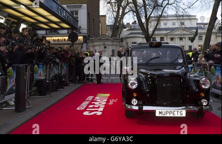 Kermit the Frog und Miss Piggy kommen in einem schwarzen Taxi bei der Promi-Vorführung von Muppets Most Wanted im Curzon Mayfair im Zentrum von London an. Stockfoto