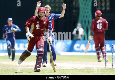 Der westindische Schlagmann Ricardo Powell wird ausgelaufen, beobachtet von Englands James Anderson während des 7. One Day International im Kensington Oval, Bridgetown, Barbados. Stockfoto