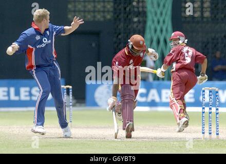 England Bowler Andrew Flintoff Felder den Ball als West-indischen Batsman Ridley Jacobs (Mitte) und Ramnaresh Sarwan einen Lauf, während der 7. One Day International im Kensington Oval, Bridgetown, Barbados. Stockfoto