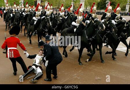 Ein Kavallerist der Blues and Royals (HCMR) wird während der Prozession des polnischen Präsidenten Aleksander Kwasniewski und der Königin von seinem Pferd vor den Buckingham Palast geworfen. Kawsneiwski ist auf einem zweitägigen Staatsbesuch in Großbritannien. Stockfoto