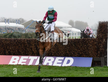 Pastinak Pete und Paddy Brennan springen den letzten Zaun, während sie beim Grand National 2014, dem Grand Opening Day auf der Aintree Racecourse, Liverpool, den Silver Cross Red Rum Chase gewinnen. Stockfoto