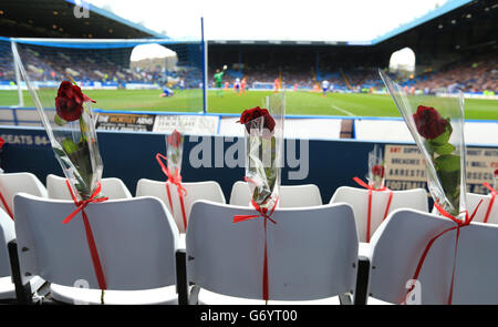 96 blaue Plätze am Ende der Leppings Lane in Hillsborough Werden durch 96 weiße Sitze ersetzt, um die 96 zu repräsentieren Liverpool-Fans, die bei der Hillsborough-Katastrophe ums Leben kamen Stockfoto