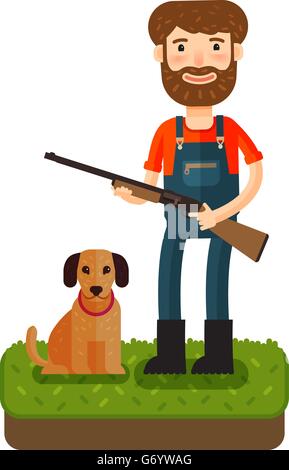Auf die Jagd. Glücklich Jäger mit einer Waffe in seinen Händen stehen. Cartoon-Vektor-illustration Stock Vektor