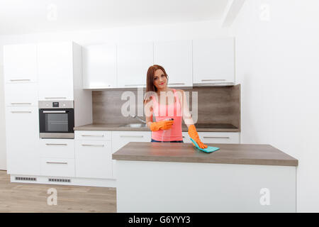 Hübsche junge Frau bei der Hausarbeit. Mädchen reinigt eine moderne Küche. Verwenden Sie Reinigungsmittel. Stockfoto