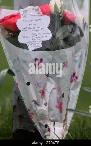 Blumen vor der Liberton High School in Edinburgh, wo ein Schüler starb, nachdem eine Mauer in der Schule auf sie einstürzte. Stockfoto