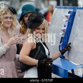 Racegoers überprüfen die Karten, wenn sie während des Ladies Day des Crabbie's Grand National 2014 Festivals auf der Aintree Racecourse in Liverpool ankommen. Stockfoto