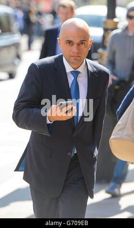 Der neue Kultursekretär Sajid Javid kommt im Ministerium für Kultur, Medien und Sport in Westminster, im Zentrum von London an. Stockfoto