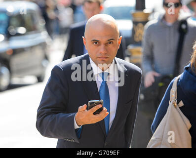Der neue Kultursekretär Sajid Javid kommt im Ministerium für Kultur, Medien und Sport in Westminster, im Zentrum von London an. Stockfoto