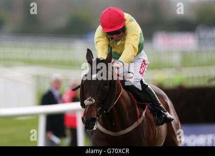 Sizing Europe von Andrew Lynch geritten Rennen frei von den letzten auf dem Weg zum Sieg der Boylesports.com Champion Steeplechase während des ersten Tages des Punchestown Festival in Punchestown Racecourse, Co. Kildare, Irland. Stockfoto