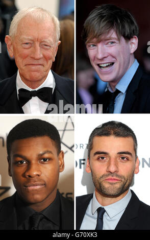 Undatierte Dateifotos von (obere Reihe links nach rechts) Schauspieler Max von Sydow, Domhnall Gleeson, (untere Reihe links nach rechts) John Boyega und Oscar Isaac, die im neuen Star Wars-Film sind. Stockfoto