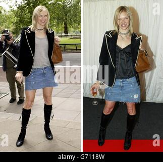 Composite-Bild von Radio One DJ Jo Whiley Ankunft für die Ivor Novello Awards im Grosvenor House im Zentrum von London Donnerstag, 27. Mai 2004 (links), und fotografiert gestern Abend Ankunft in Hell's Kitchen in Brick Lane, im gleichen Outfit (rechts). Stockfoto