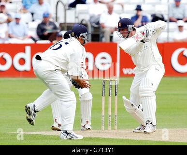 Der Essex-Schlagmann Ronnie Irani schlägt Yorkshire's Darren Lehmann, während Feldspieler Michael Lumb beim zweiten Spiel der Frizzell County Championship Division auf dem County Ground, Chelmsford, Essex, zuschaut. Stockfoto