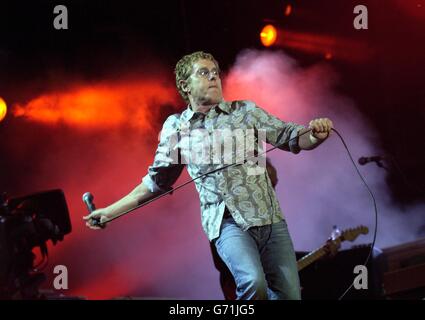 Roger Daltrey von The Who tritt live auf der Bühne während des Isle of Wight Festivals im Seaclose Park in Newport, Isle of Wight. Stockfoto