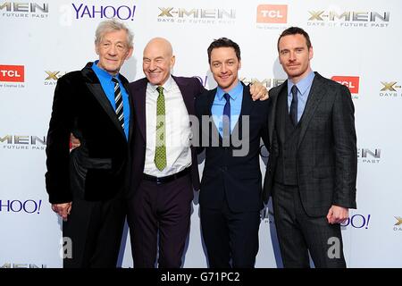 (Von links nach rechts) Sir Ian McKellen, Patrick Stewart, James McAvoy und Michael Fassbender kommen bei den X-Men Days of Future nach der UK-Premiere im West End Odeon, Leicester Square, London, an. Stockfoto