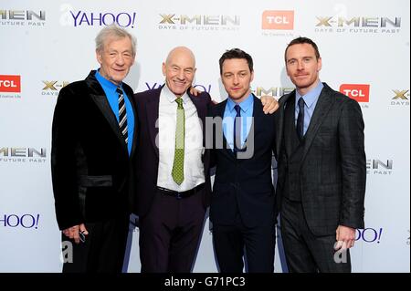 (Von links nach rechts) Sir Ian McKellen, Patrick Stewart, James McAvoy und Michael Fassbender kommen bei den X-Men Days of Future nach dem britischen Premierminister im West End Odeon, Leicester Square, London, an. Stockfoto