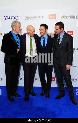 (Von links nach rechts) Sir Ian McKellen, Patrick Stewart, James McAvoy und Michael Fassbender kommen bei den X-Men Days of Future nach dem britischen Premierminister im West End Odeon, Leicester Square, London, an. Stockfoto