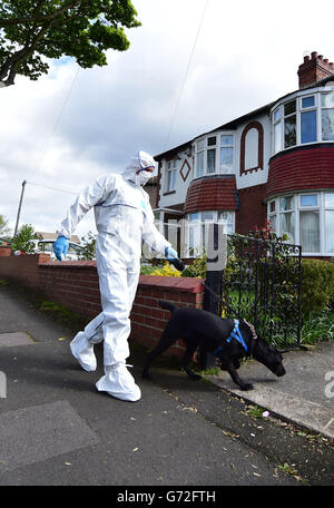 Ein forensischer Offizier mit einem Hund vor einem Haus in der Hollywell Road, North Shields, das eines von zwei 100 Meilen entfernten Häusern ist, wird von der Polizei durchsucht, nachdem ein Mann wegen des Verdachts, die vermisste Universitätskochin Claudia Lawrence ermordet zu haben, verhaftet wurde. Stockfoto