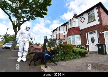 Ein forensischer Offizier mit einem Hund vor einem Haus in der Hollywell Road, North Shields, das eines von zwei 100 Meilen entfernten Häusern ist, wird von der Polizei durchsucht, nachdem ein Mann wegen des Verdachts, die vermisste Universitätskochin Claudia Lawrence ermordet zu haben, verhaftet wurde. Stockfoto