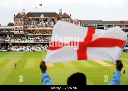 Ein England-Anhänger im Stand, der während des Spiels gegen Sri Lanka eine Flagge schwenkte. Stockfoto