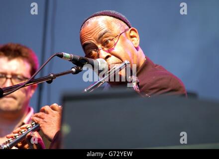 Ein Mitglied des Jools Holland Rhythm and Blues Orchestra spielt die Flöte auf der Bühne während eines Sommers Abendkonzerts im Harewood House, nahe Leeds, North Yorkshire. Stockfoto