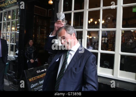 UKIP-Führer Nigel Farage hat ein Pint im Westminster Arms, London, als er die Ergebnisse seiner Partei in den Umfragen für das Europäische Parlament feiert. Stockfoto