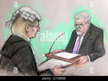 Hofkünstler zeichnen von Elizabeth Cook von Rolf Harris im Dock am Southwark Crown Court, London, wo er beschuldigt wird, unanständige Angriffe auf Mädchen unter Alter zu haben. Stockfoto