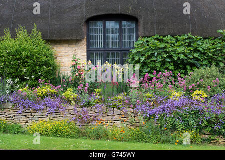 Cotswold Stein Reetdachhaus und Garten, Chipping Campden, Cotswolds, England Stockfoto