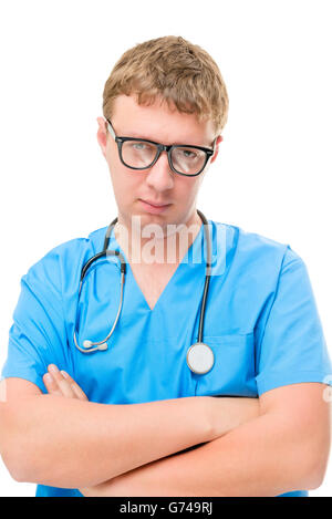 Sicher im mittleren Alter Arzt auf weißen Hintergrund isoliert Stockfoto