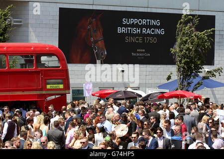 Pferderennen - Investec Ladies Day 2014 - Epsom Downs Racecourse. Ein allgemeiner Blick auf die Menschenmassen am Ladies Day auf der Rennbahn Epsom Downs Stockfoto