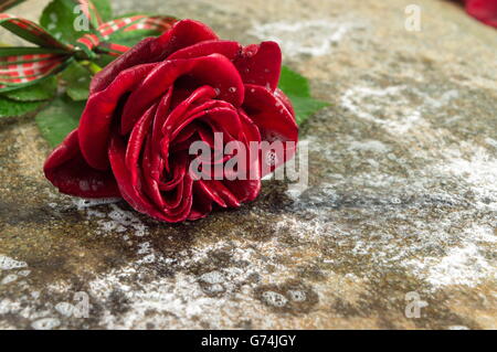 Rote Rose mit Band auf einem Steintisch Stockfoto