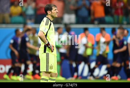 Der spanische Torhüter Iker Casillas sieht niedergeschlagen aus, nachdem Arjen Robben von den Niederlanden ihr zweites Tor erzielt hat Stockfoto