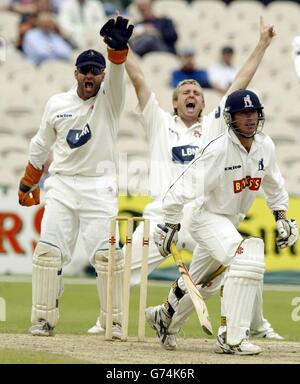 Lancashire-Wicket-Torwart Jamie Haynes und Dominic Cork appellieren erfolglos für einen LBW-Appell gegen den Warwickshire-Schläger Brad Hogg während des Spiels der Frizzell County Championship Division One in Old Trafford. Stockfoto