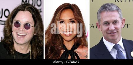 Fotos von (von links) Ozzy Osbourne, Myleene Klass und Gary Lineker. Stockfoto