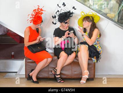 Racegoers überprüfen ihre Handys am ersten Tag des Royal Ascot Meeting 2014 auf der Ascot Racecourse, Berkshire. Stockfoto