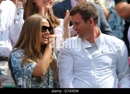 Kim Sears, Freundin des britischen Andy Murray, als er Sloweniens Blaz Rola am dritten Tag der Wimbledon Championships im All England Lawn Tennis und Croquet Club in Wimbledon besiegt. Stockfoto