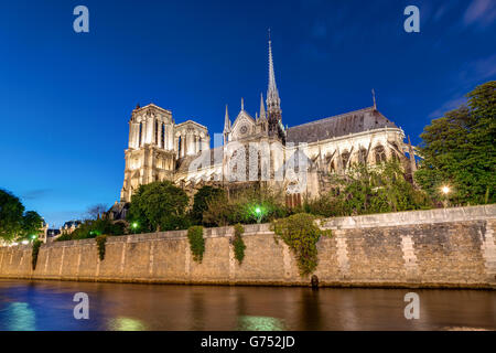 Notre-Dame und der Seine in Paris bei Nacht Stockfoto