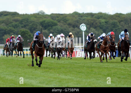 Angel Gabrial, geritten von George Chaloner (blaue Kappe), gewinnt die John Smiths Northumberland Plate während des John Smith's Northumberland Plate Day auf der Newcastle Racecourse. Stockfoto